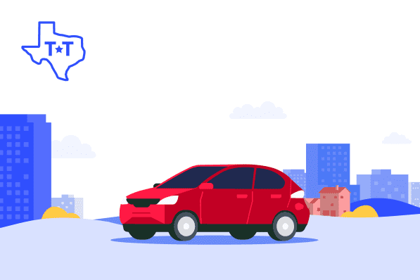 Red car driving by city-scape